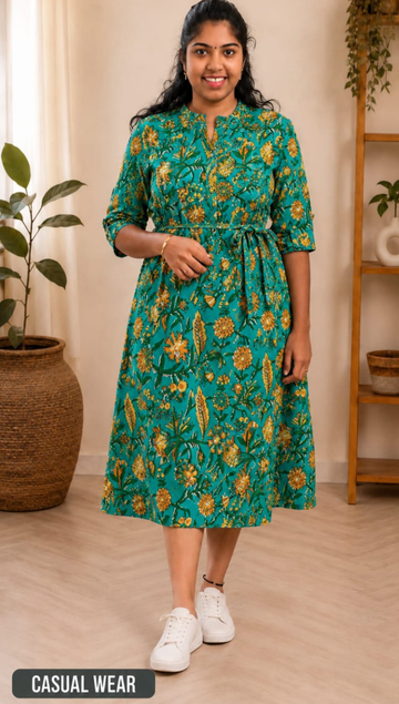 Green Soft Cotton A-Line Flared Kurta - Customization