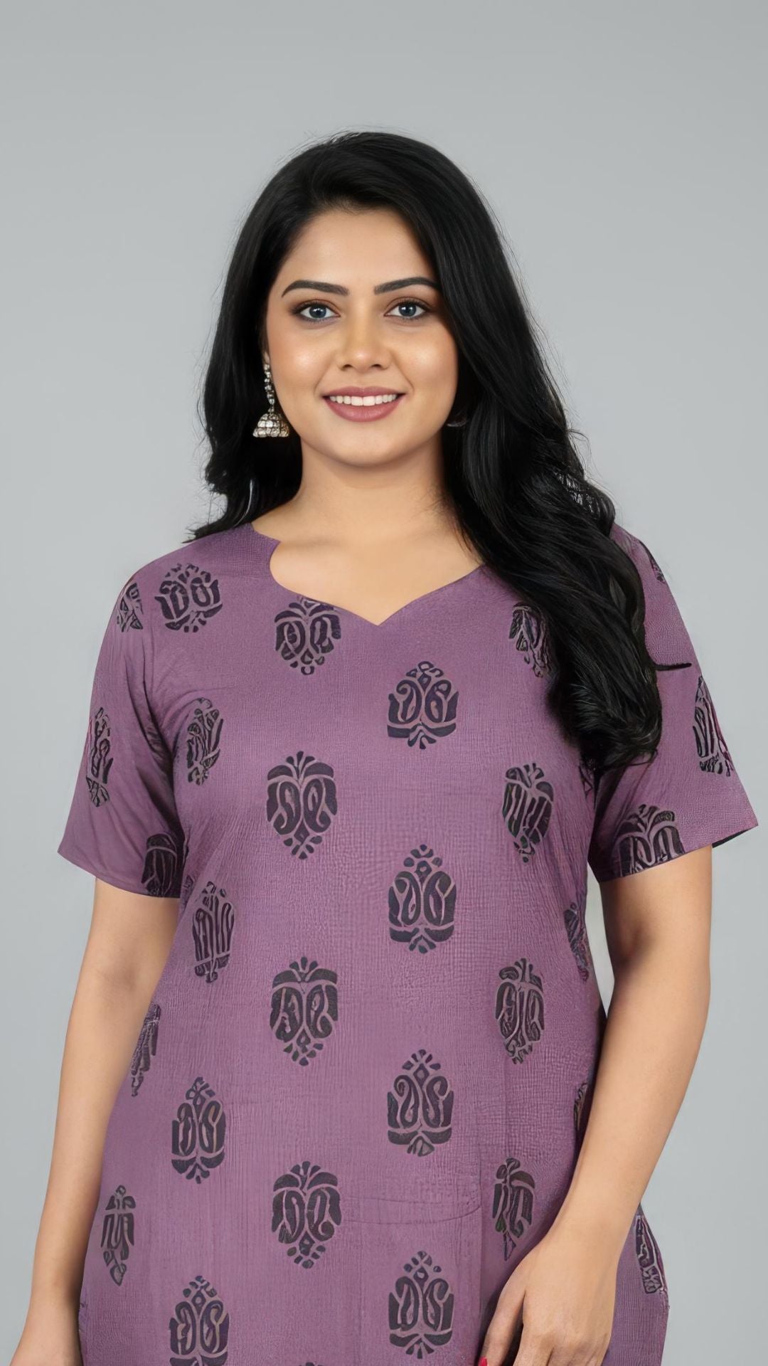 Purple Cotton Half Sleeve Kurti | 40–42 Inch Length | Comfort Fit with 4-Inch Hip Ease | Sizes S to 5XL