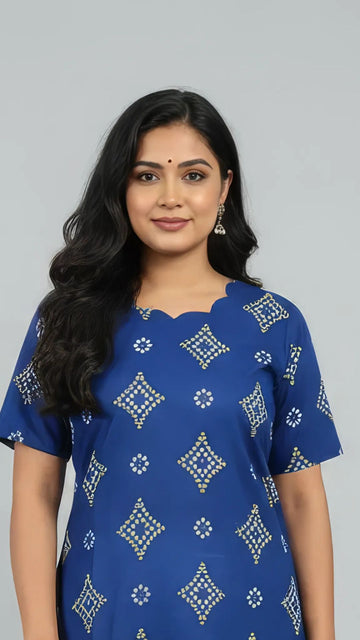 Blue Stripes Cotton Half Sleeve Kurti | 40–42 Inch Length | Comfort Fit with 4-Inch Hip Ease | Sizes S to 5XL