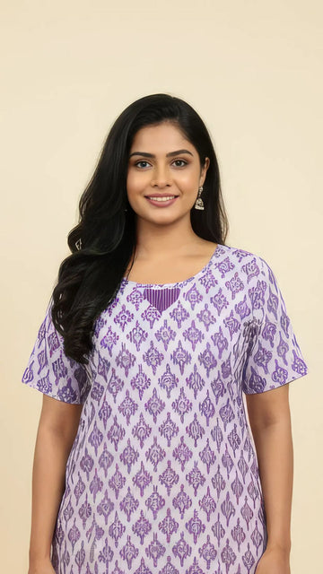 Lavender with White Cotton Side Slit Kurti | 40–42 Inch Length | Comfort Fit with 4-Inch Hip Ease | Sizes S to 5XL
