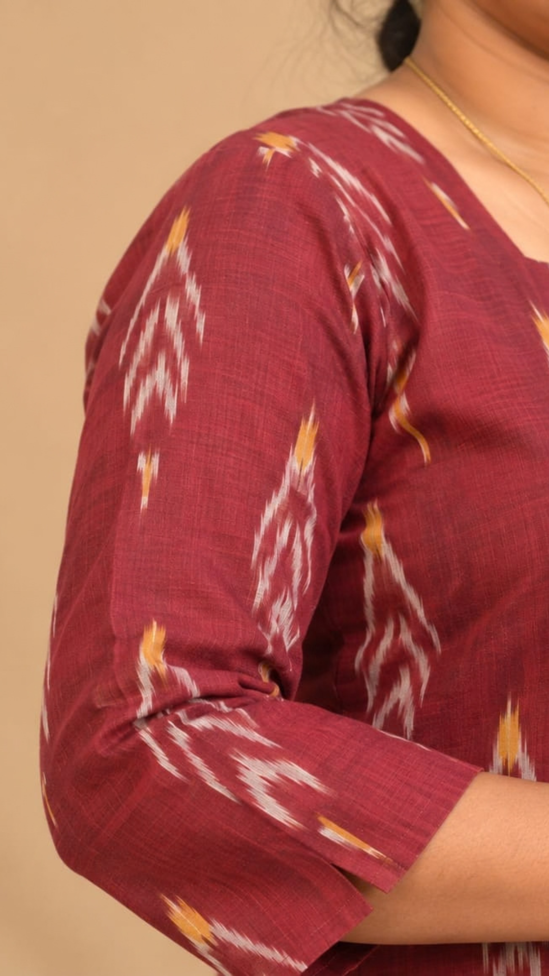 Red Maroon Ikkat Cotton Side Slit Kurta