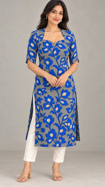 Grey and Blue Kalamkari Pure Cotton Side Slit Kurta