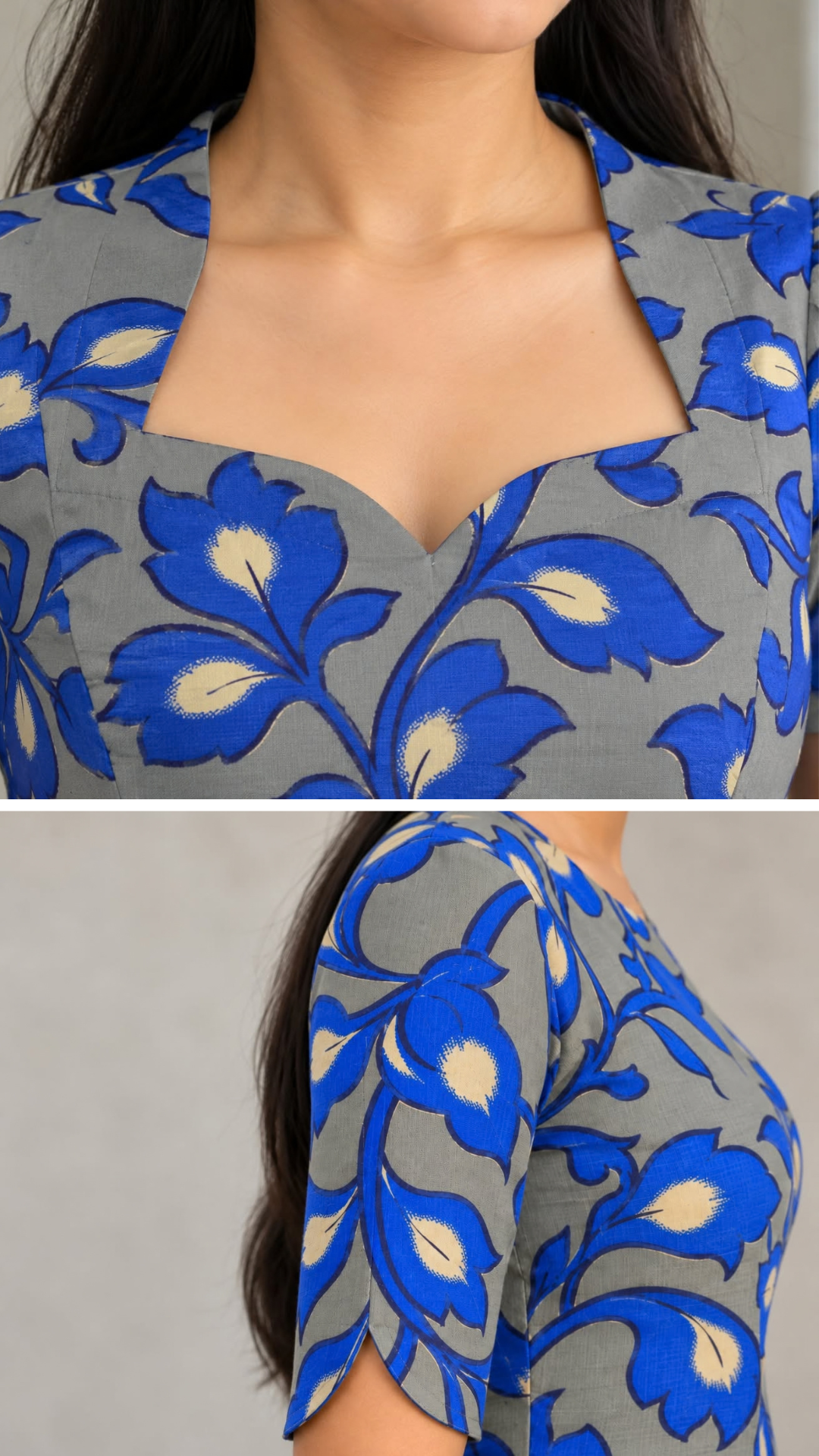 Grey and Blue Kalamkari Pure Cotton Side Slit Kurta