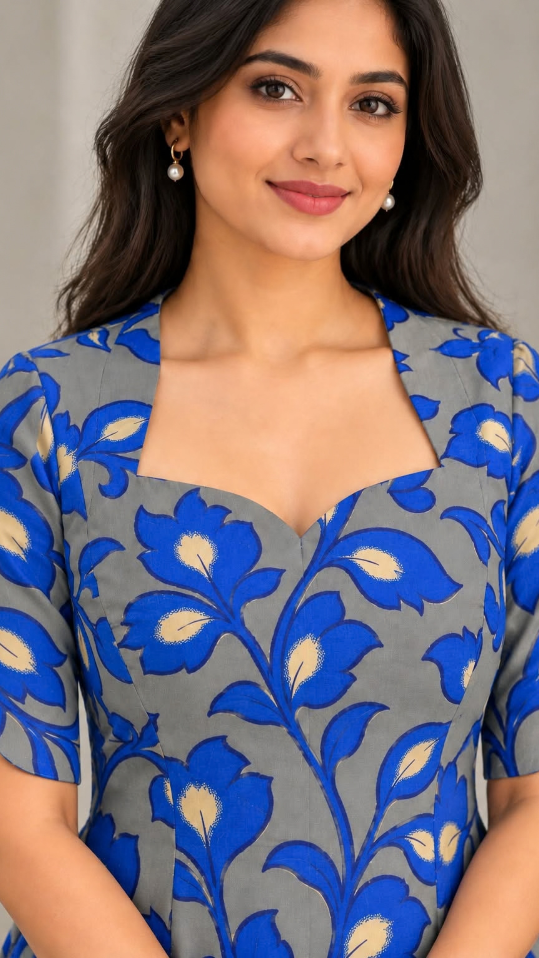 Grey and Blue Kalamkari Pure Cotton Side Slit Kurta