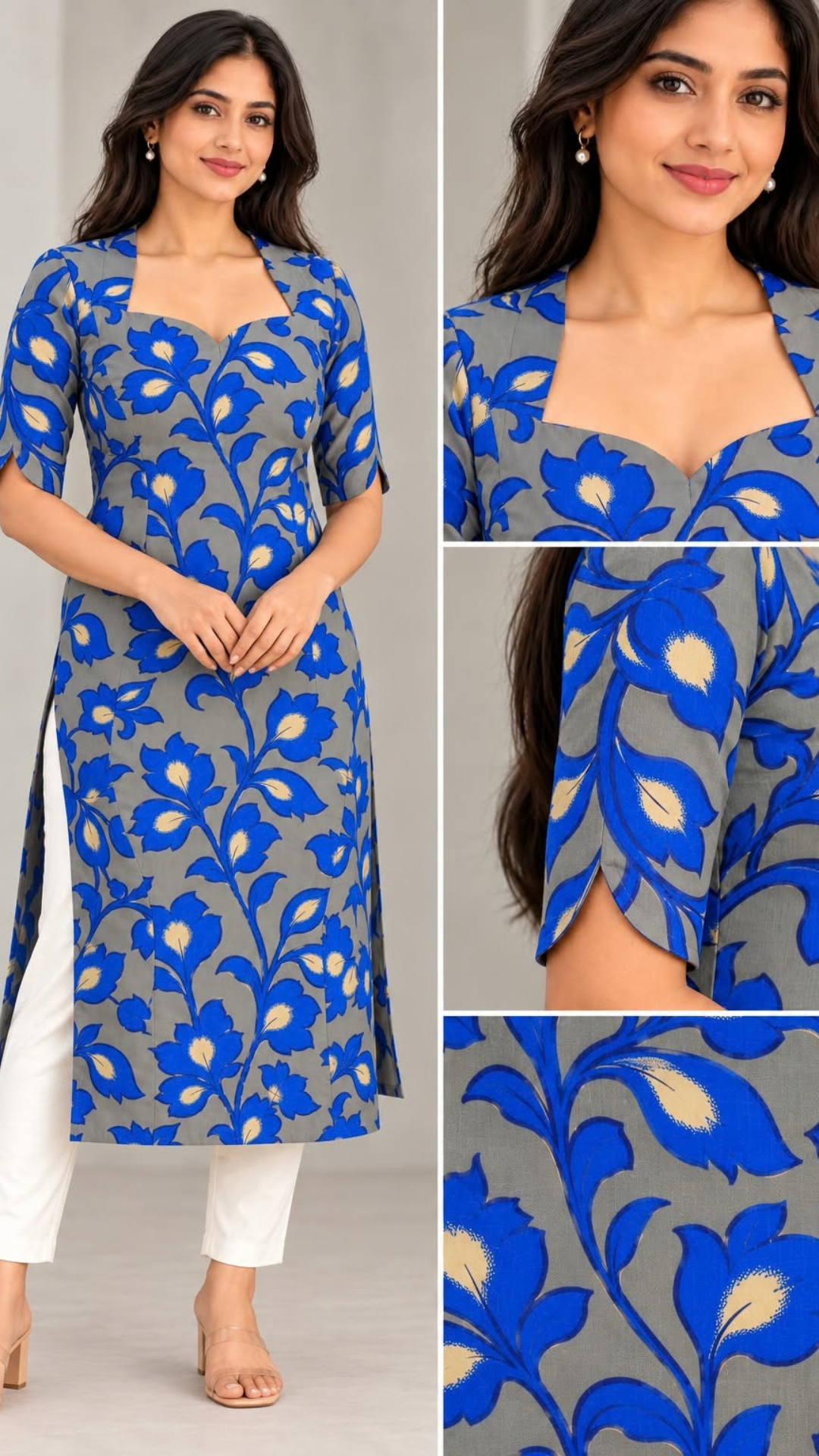 Grey and Blue Kalamkari Pure Cotton Side Slit Kurta