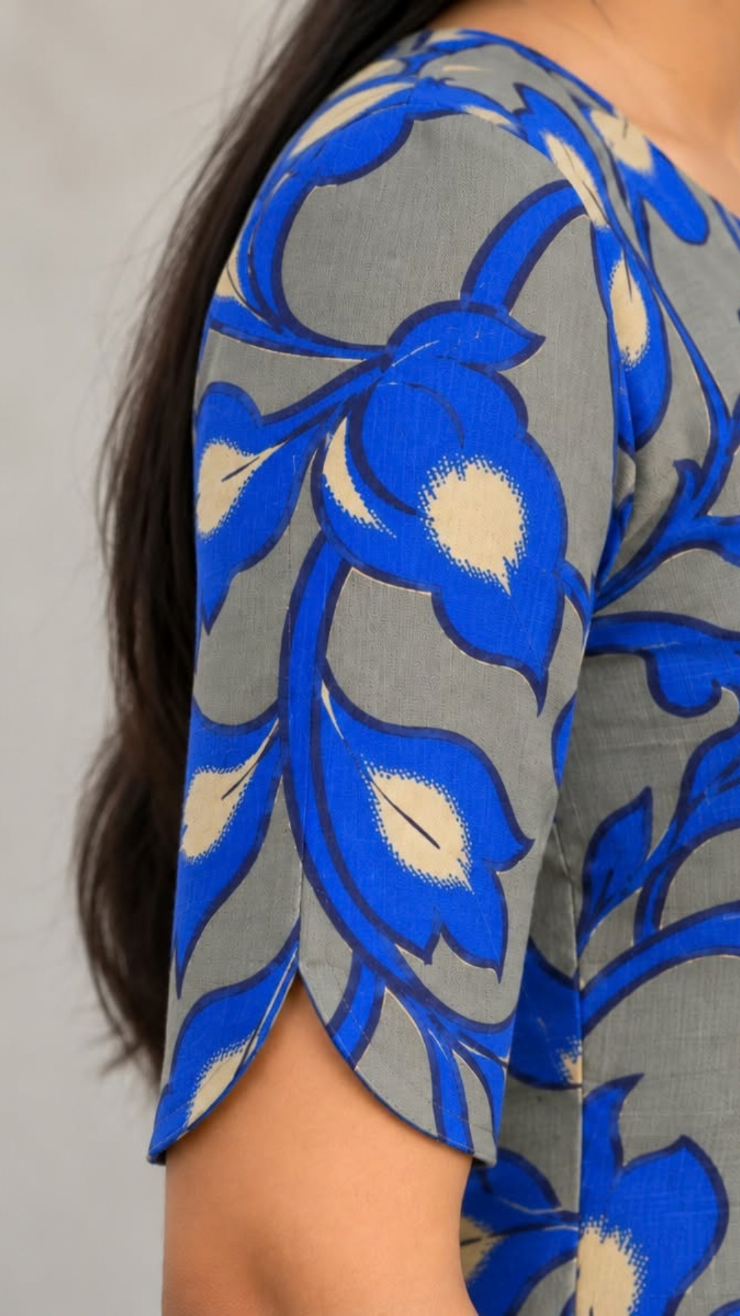 Grey and Blue Kalamkari Pure Cotton Side Slit Kurta