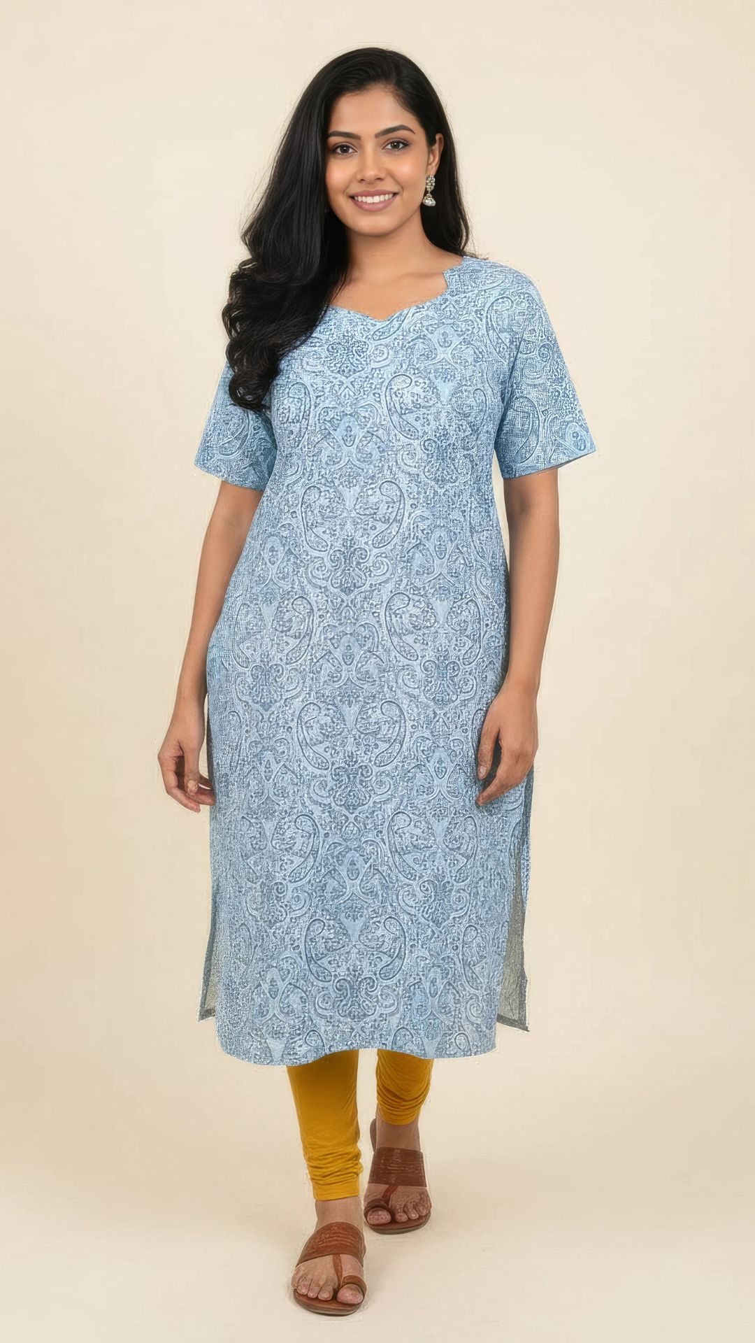 Sky Blue Green Cotton Half Sleeve Kurti | 40–42 Inch Length | Comfort Fit with 4-Inch Hip Ease | Sizes S to 5XL