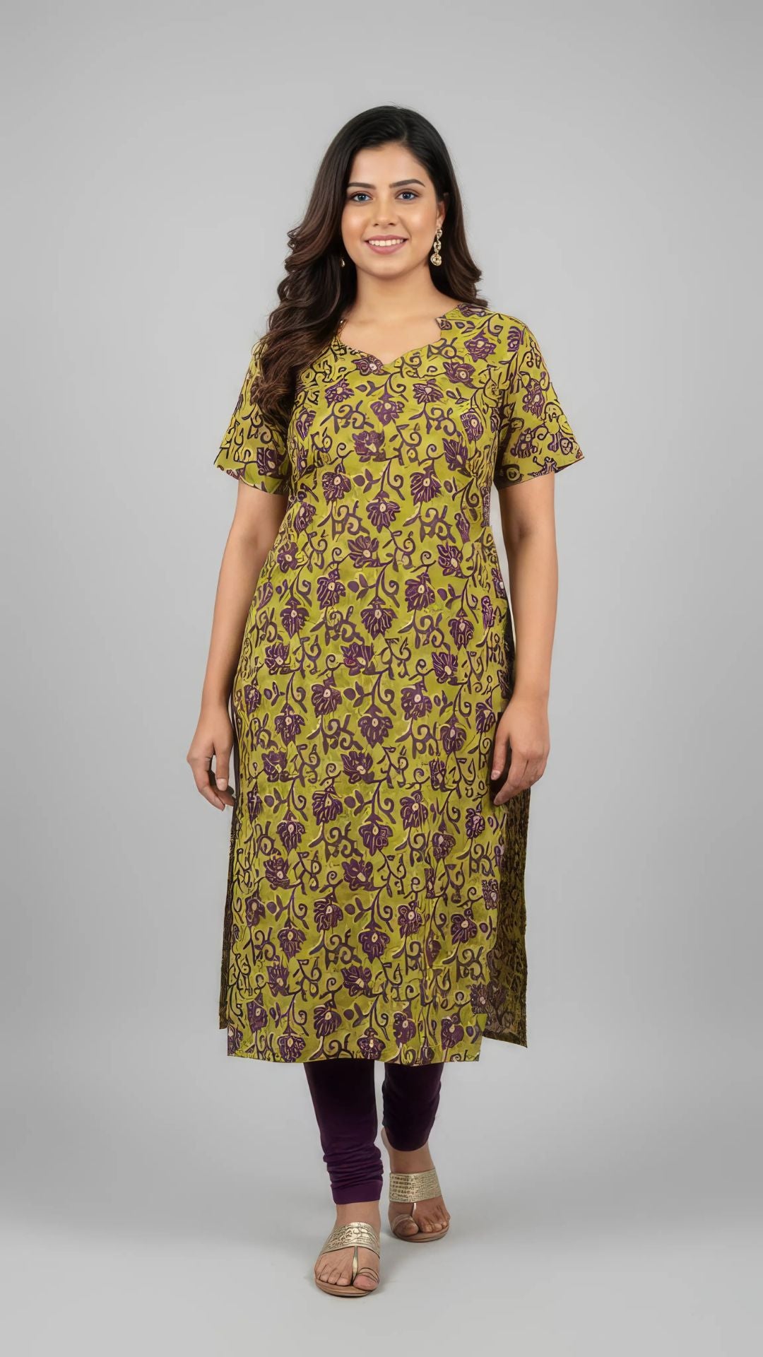Mehndi Green Cotton Half Sleeve Kurti | 40–42 Inch Length | Comfort Fit with 4-Inch Hip Ease | Sizes S to 5XL