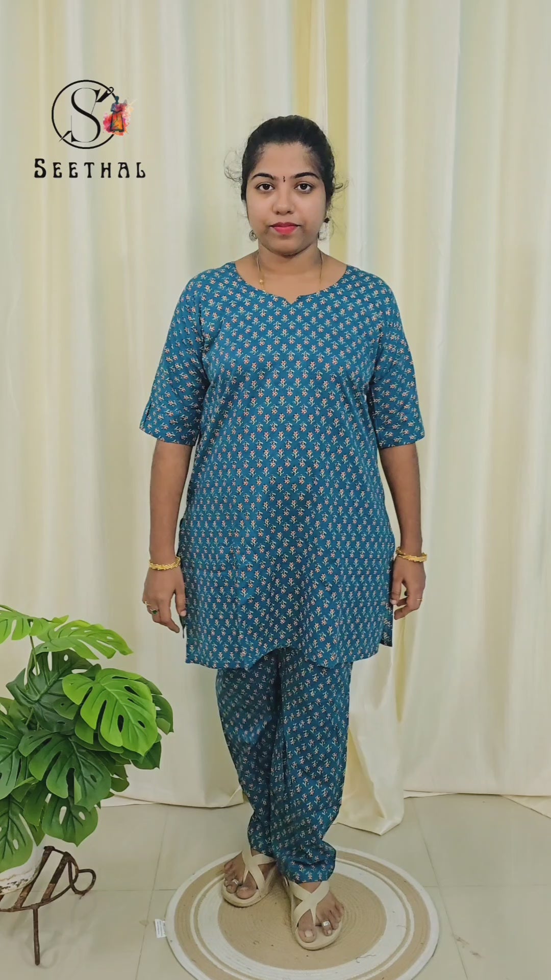 Peacock Blue Hand Block Printed Cotton Mid Length Kurti With Trouser Co-Ord Set