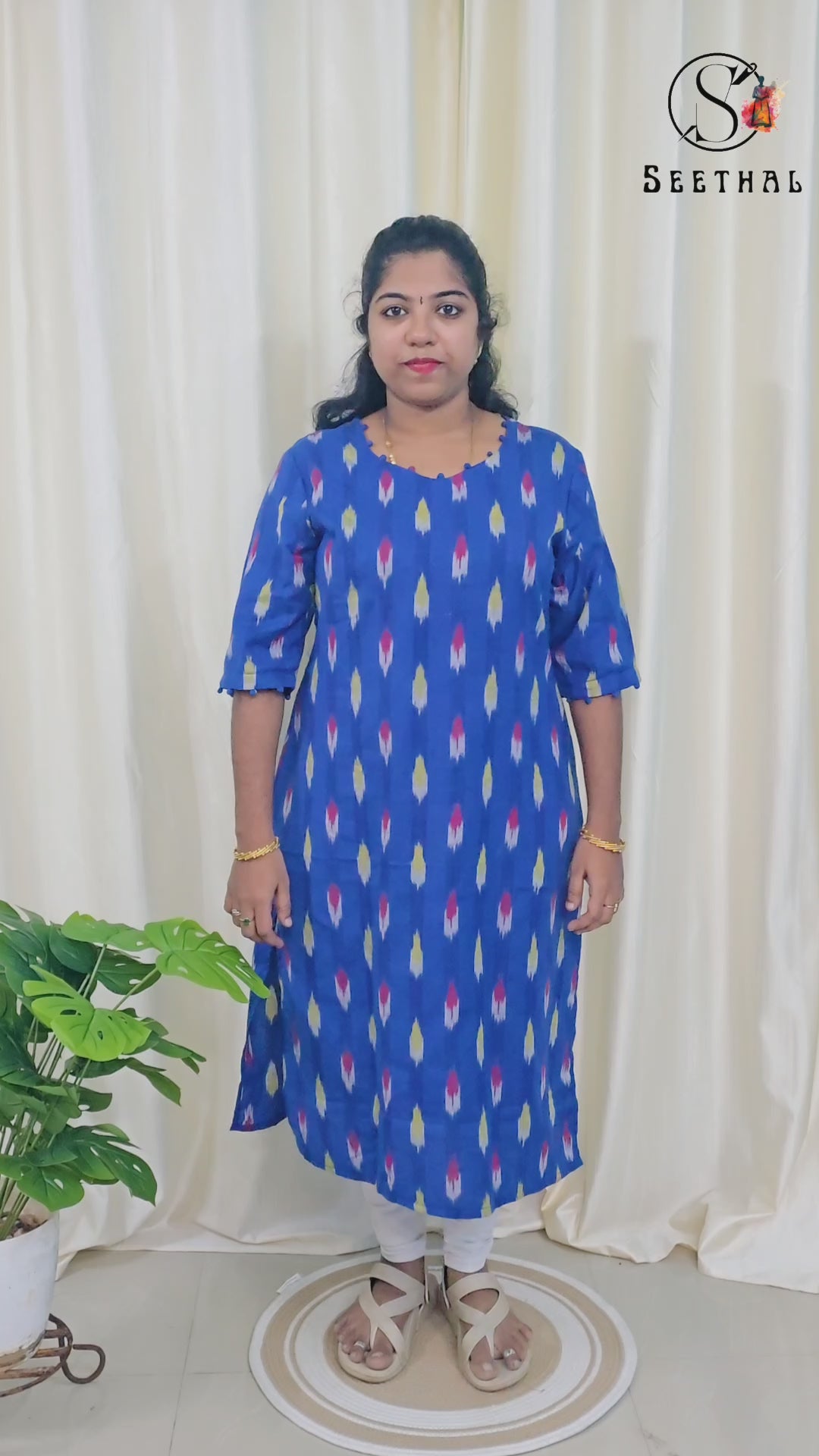 Royal Blue Ikkat Cotton Side Slit Kurti with Adjustable Back Corset