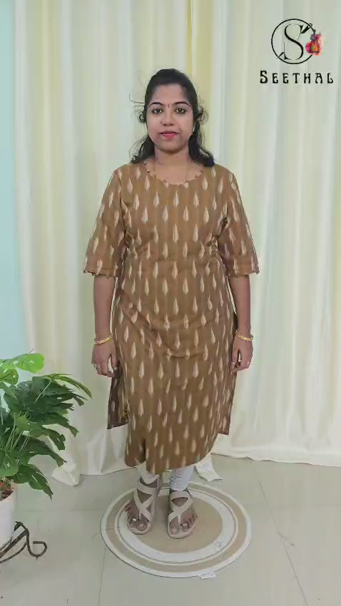 Chocolate Brown Ikkat Cotton Side Slit Kurti with Adjustable Back Corset
