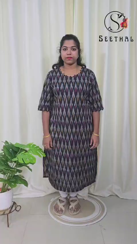 Black Ikkat Cotton Side Slit Kurti with Adjustable Back Corset