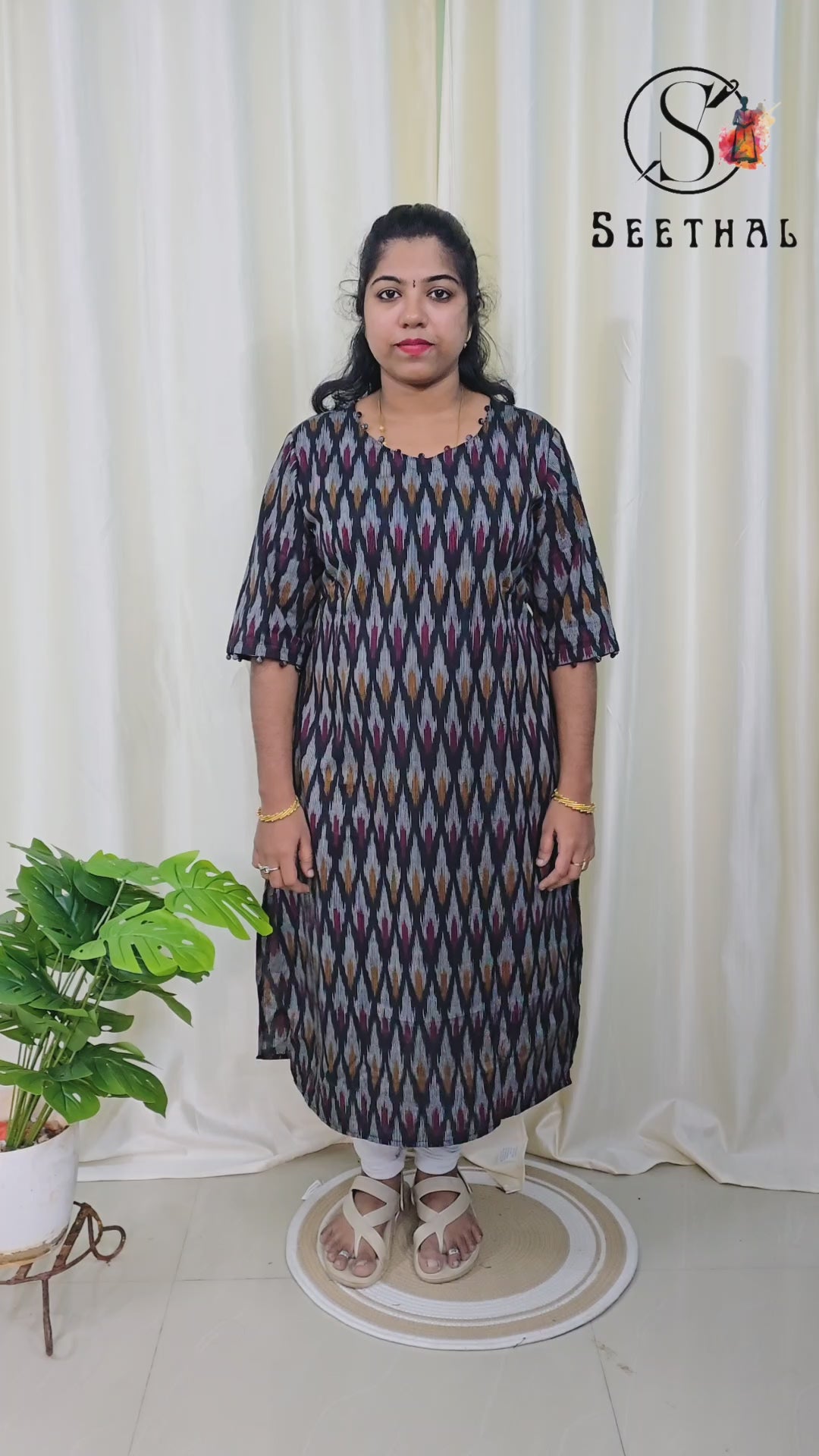 Black Ikkat Cotton Side Slit Kurti with Adjustable Back Corset