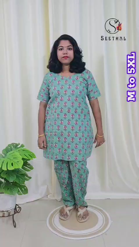 Light Teal Green Hand Block Printed Cotton Mid Length Kurti with Trouser Co-Ord Set