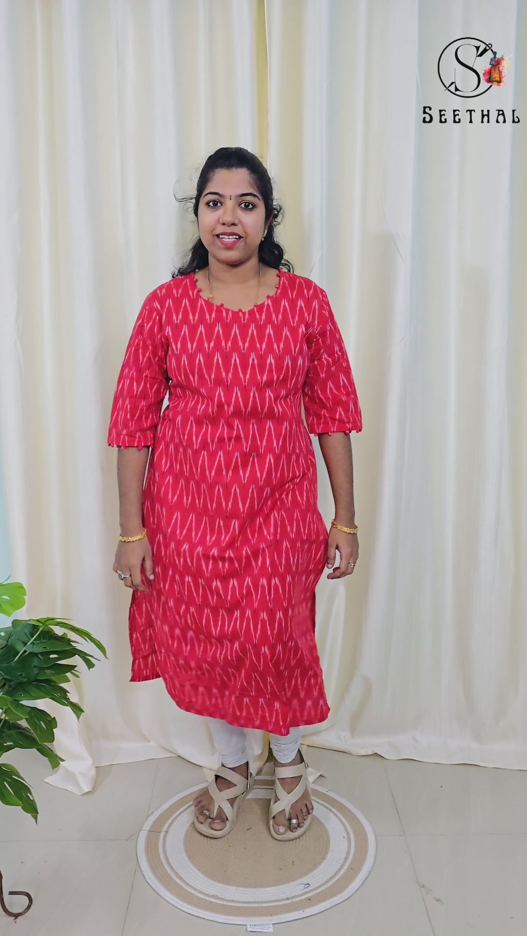 Red Ikkat Cotton Side Slit Kurti with Adjustable Back Corset