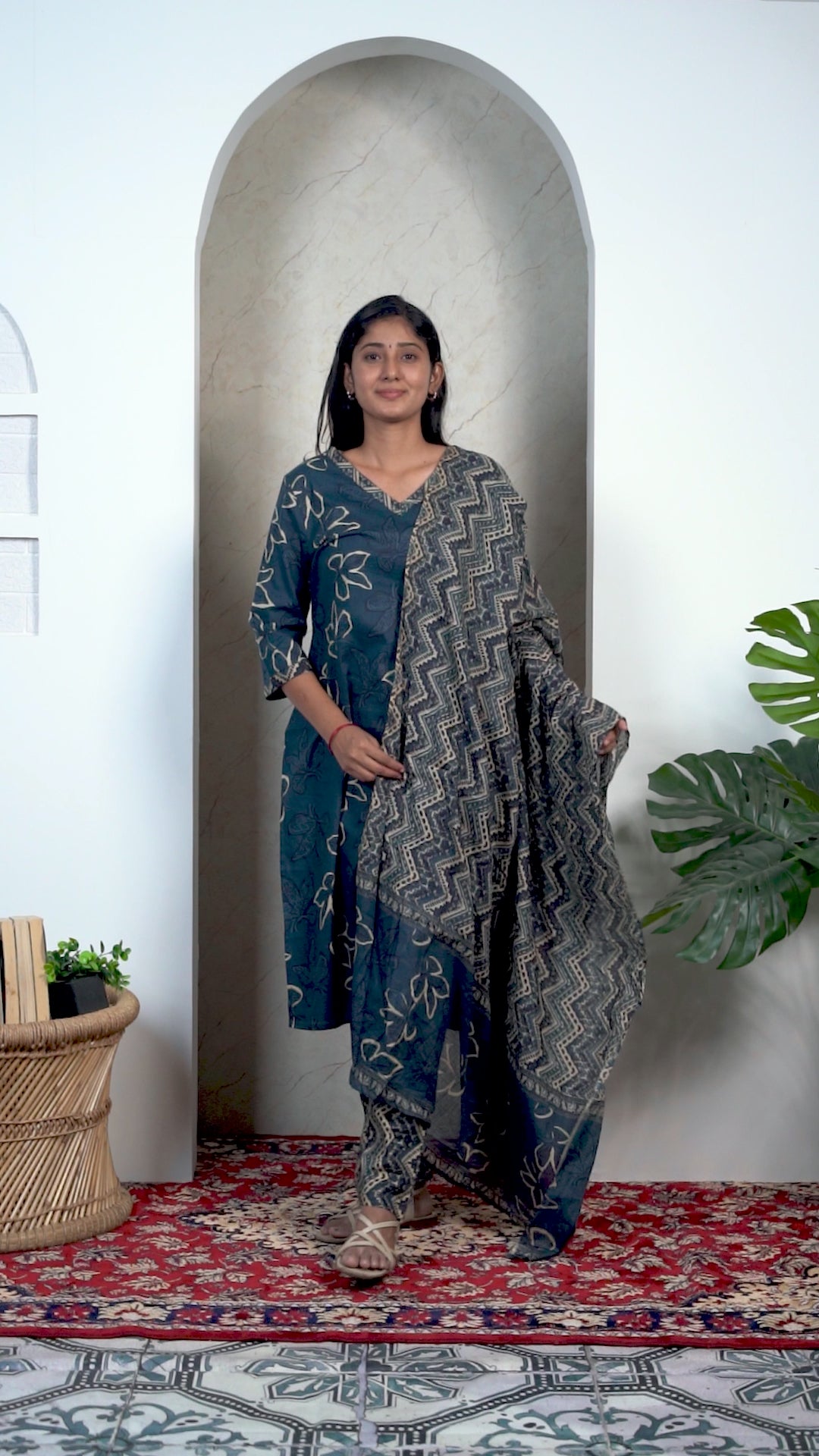 Navy Blue Soft Printed Cotton 3 Piece Kurta Set for Women | Office & Daily Wear