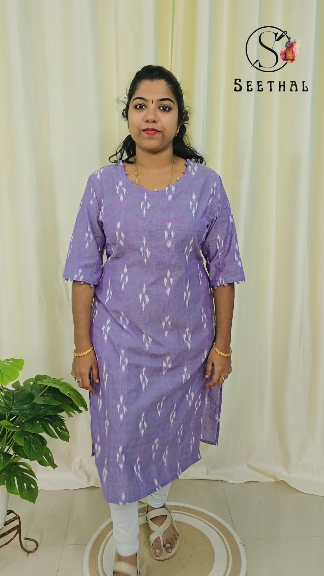 Lavender Ikkat Cotton Side Slit Kurti with Adjustable Back Corset