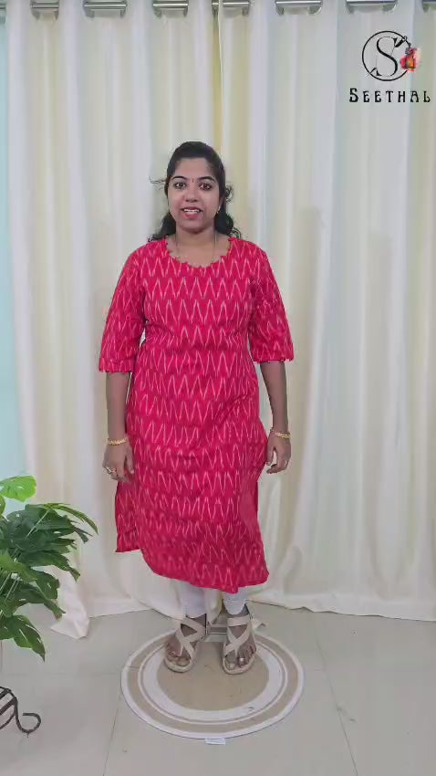 Red Ikkat Cotton Side Slit Kurti with Adjustable Back Corset