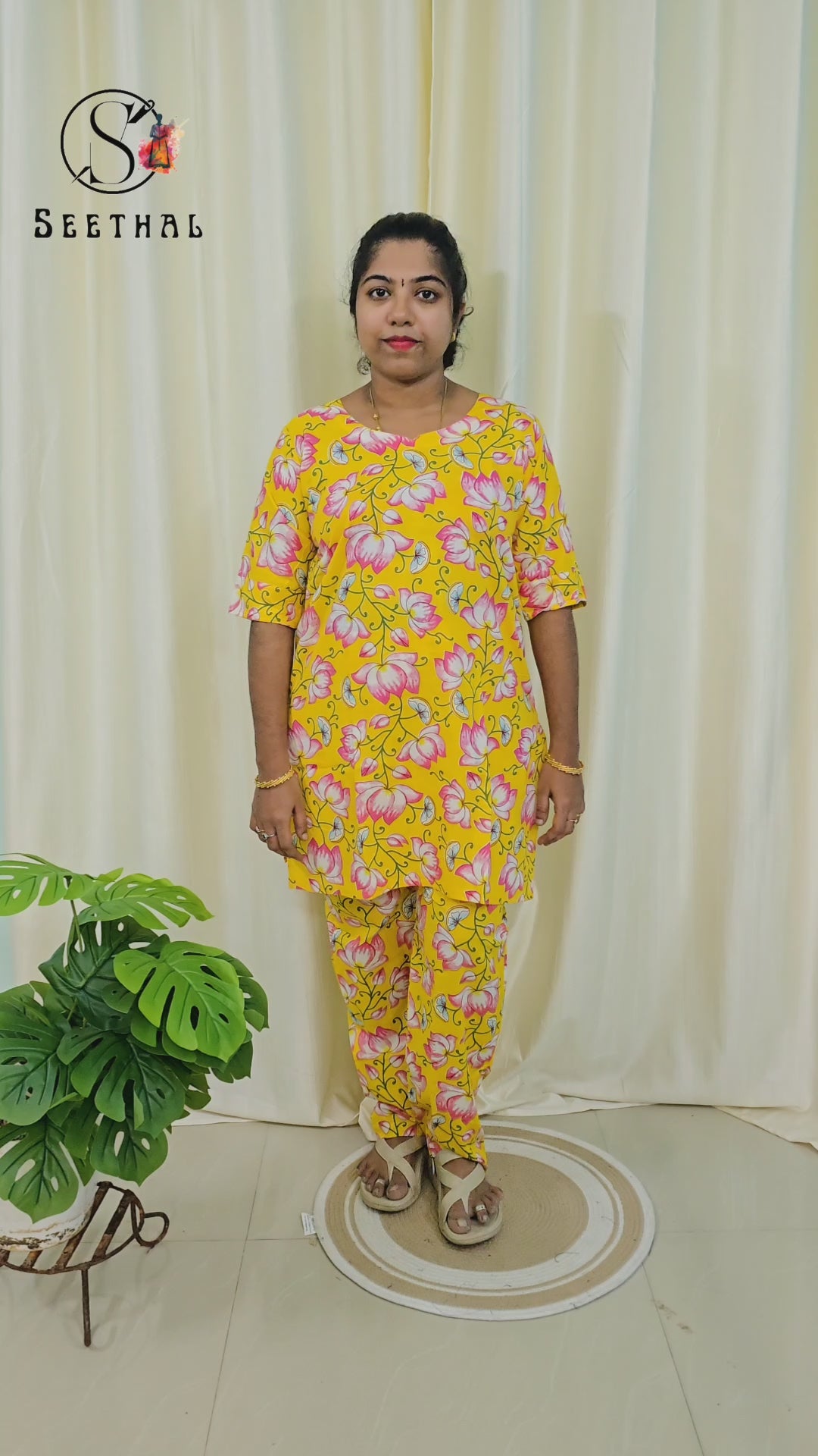 Yellow Hand Block Printed Cotton Mid Length Kurti With Trouser Co-Ord Set