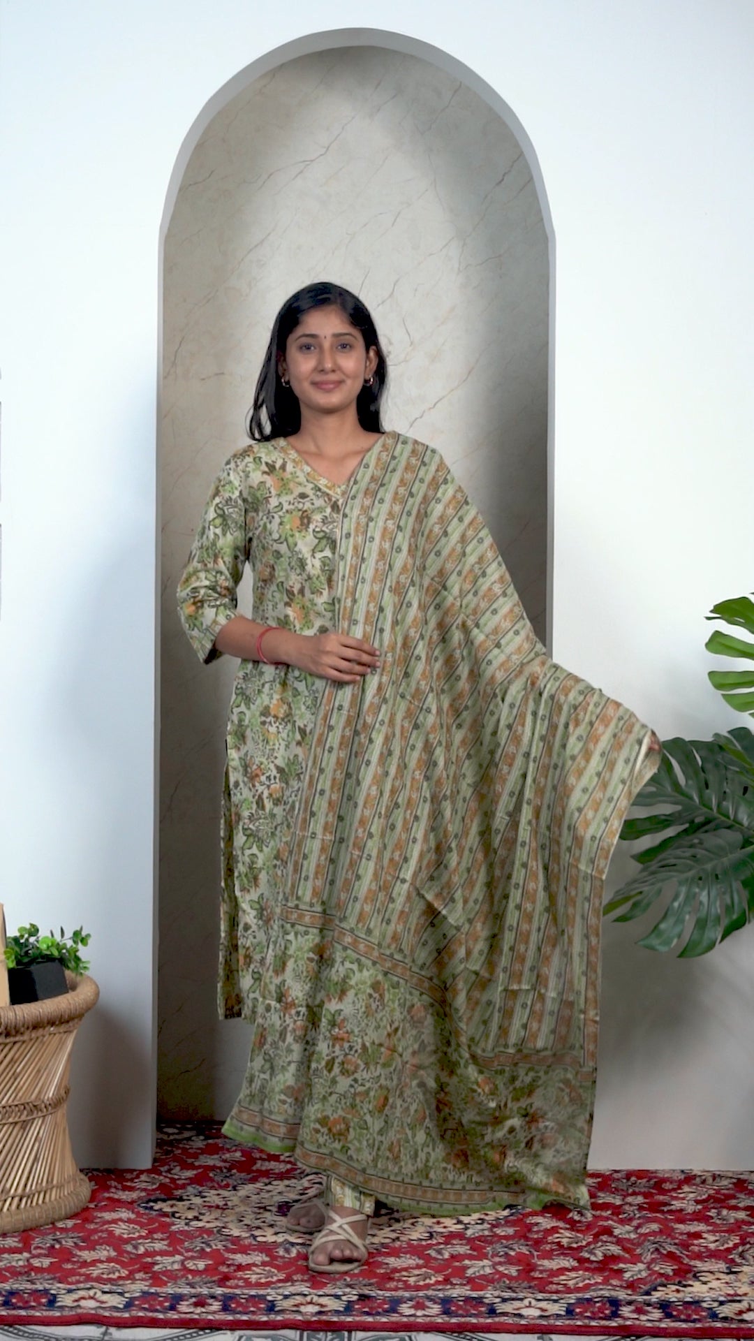 Green Soft Printed Cotton 3 Piece Kurta Set for Women | Office & Daily Wear