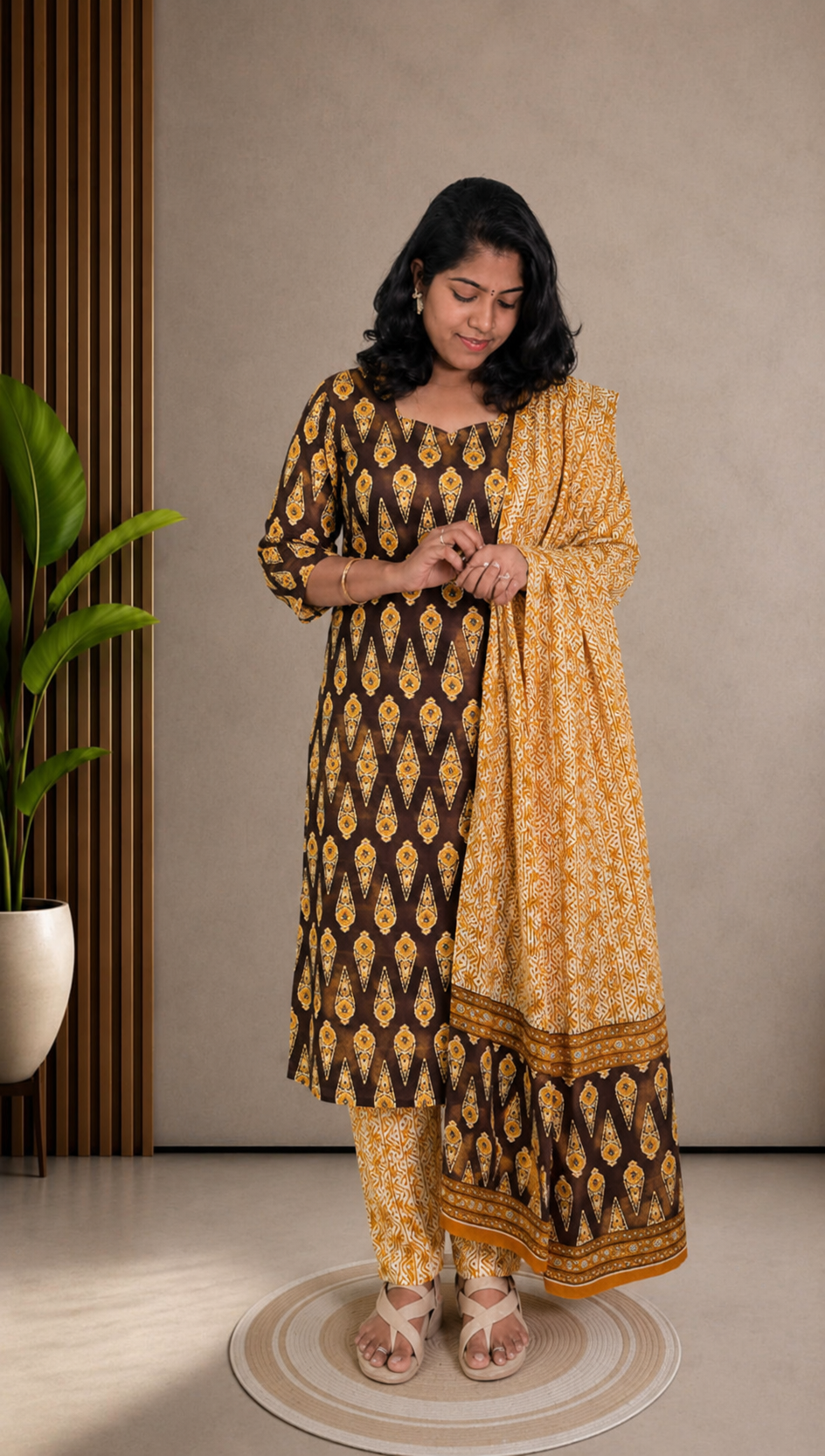 Coffee Brown Soft Printed Cotton 3 Piece Kurta Set With Lining for Women | Office & Daily Wear