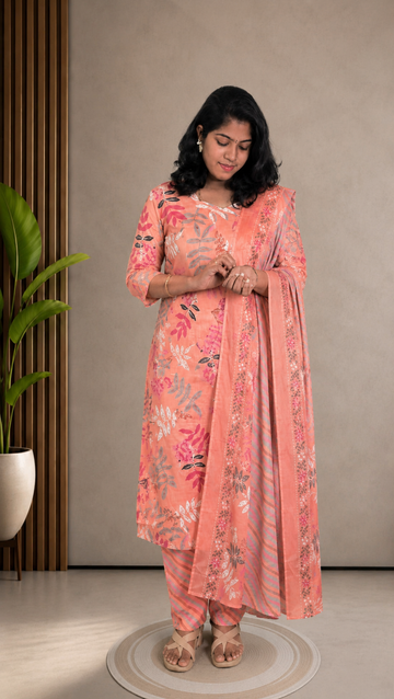 Light Peach Soft Printed Cotton 3 Piece Kurta Set With Lining for Women | Office & Daily Wear