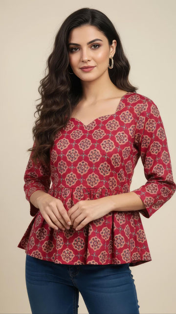 Red Pure Cotton Peplum Short Kurti