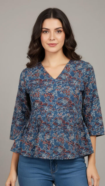 Blue Floral Pure Cotton Peplum Short Kurti