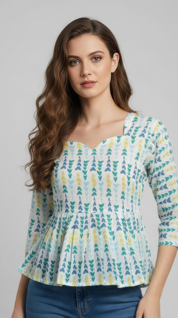 White with Teal Green Pure Cotton Peplum Short Kurti