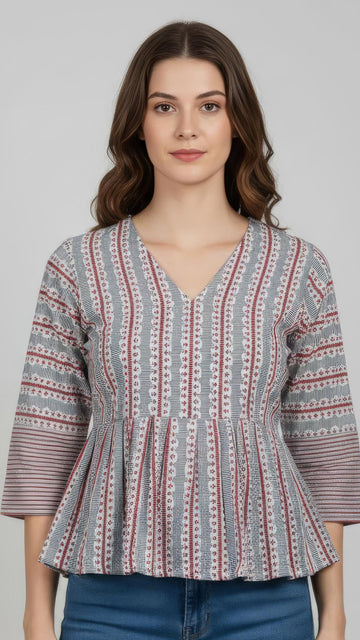 White with Teal Green Pure Cotton Peplum Short Kurti