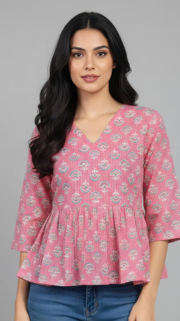 Pink Pure Cotton Peplum Short Kurti