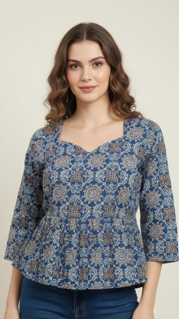 Blue Pure Cotton Peplum Short Kurti