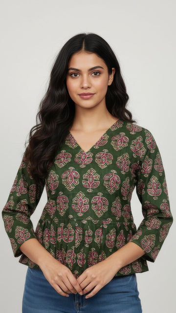 Dark Green Pure Cotton Peplum Short Kurti