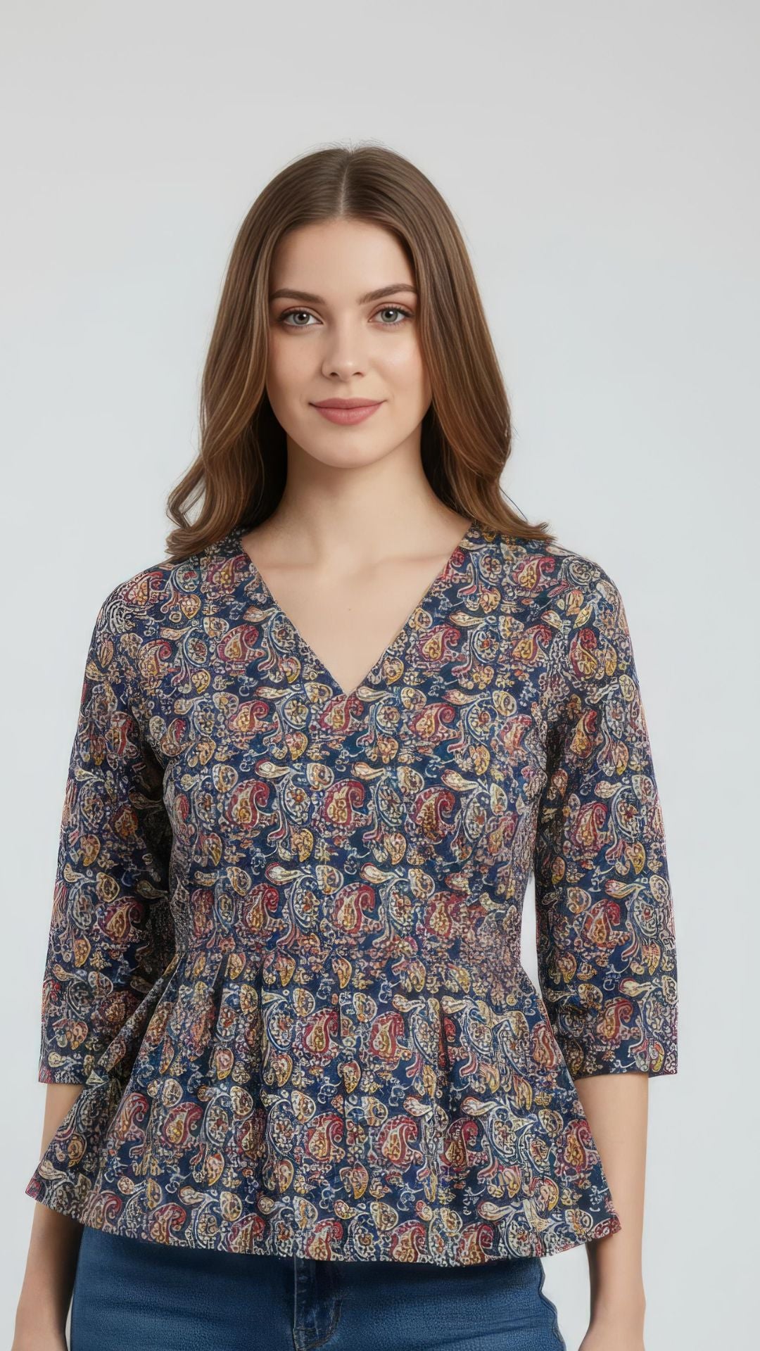 Blue Kalamkari Printed Pure Cotton Peplum Short Kurti