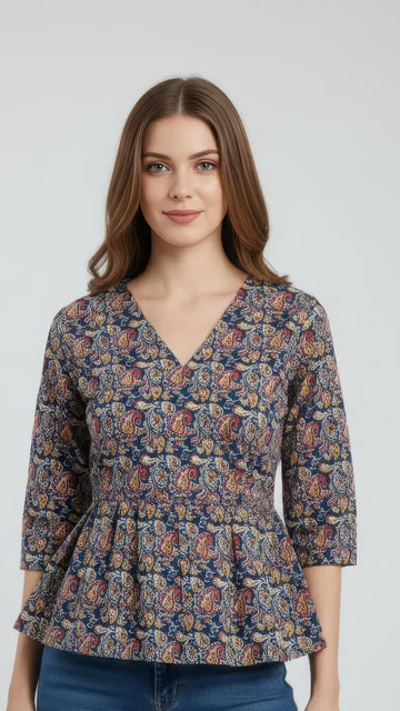 Blue Kalamkari Printed Pure Cotton Peplum Short Kurti