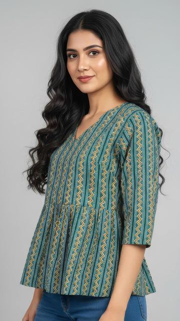 Green Pure Cotton Peplum Short Kurti