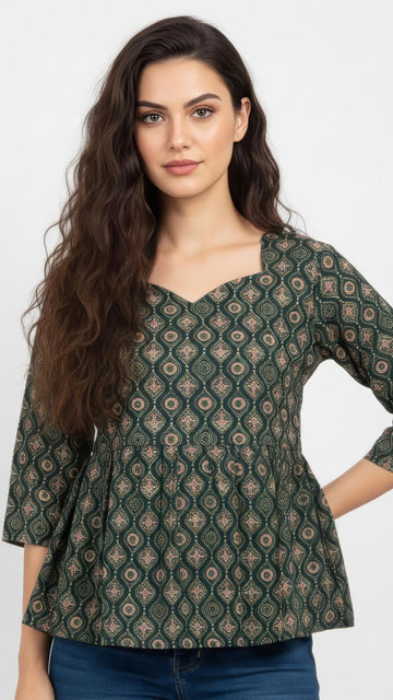 Green Pure Cotton Peplum Short Kurti