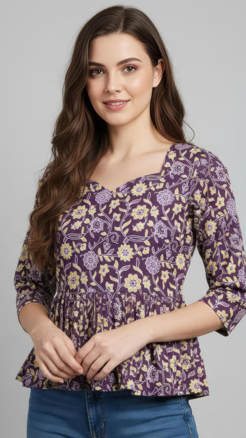Purple Pure Cotton Peplum Short Kurti