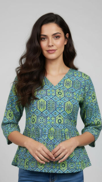 Green Pure Cotton Peplum Short Kurti
