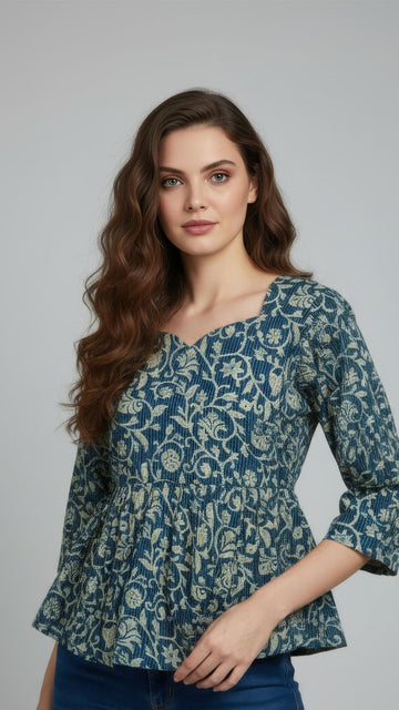 Blue Kantha Pure Cotton Peplum Short Kurti