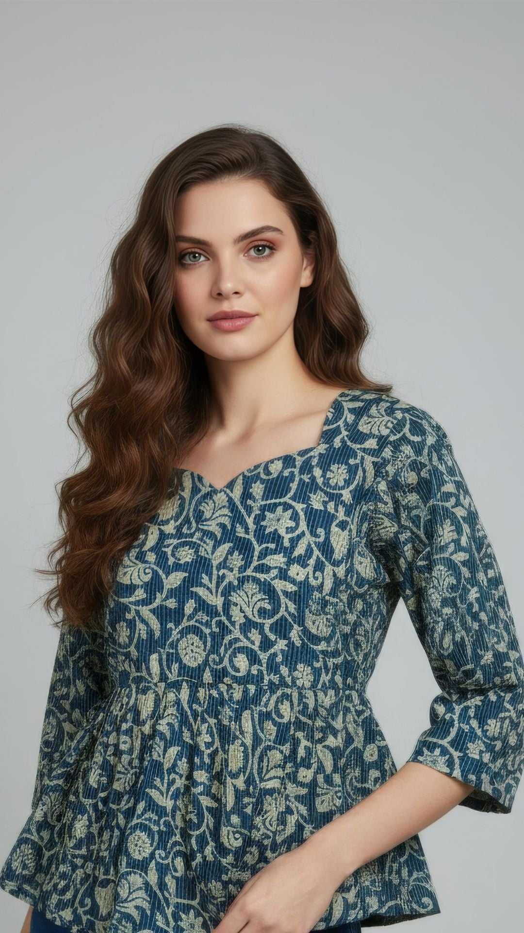 Blue Kantha Pure Cotton Peplum Short Kurti