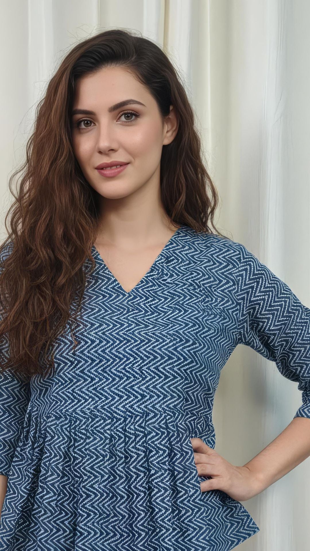 Blue Zigzag Pure Cotton Peplum Short Kurti